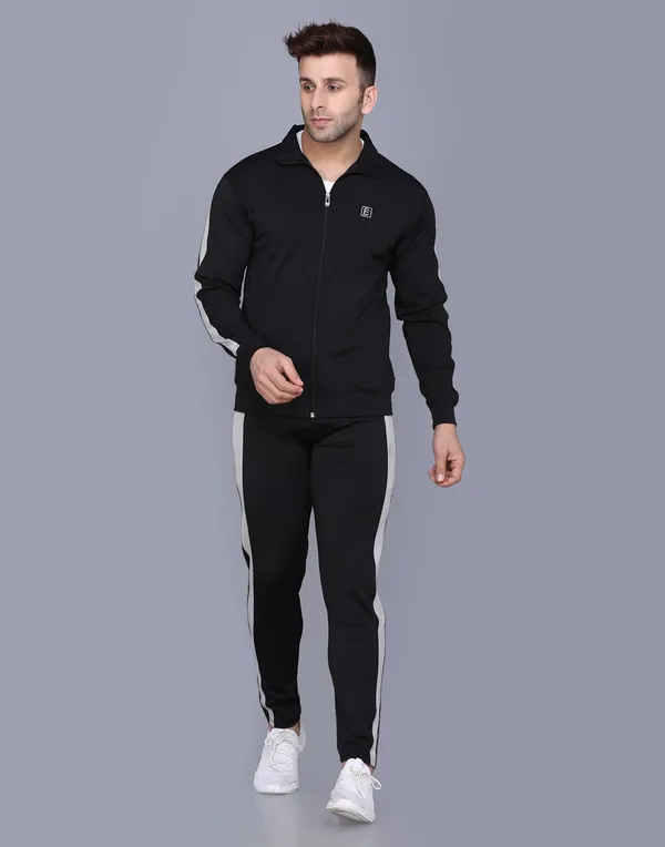 Black Polyester Blend White Stripe Track suit for Men (Size-L)