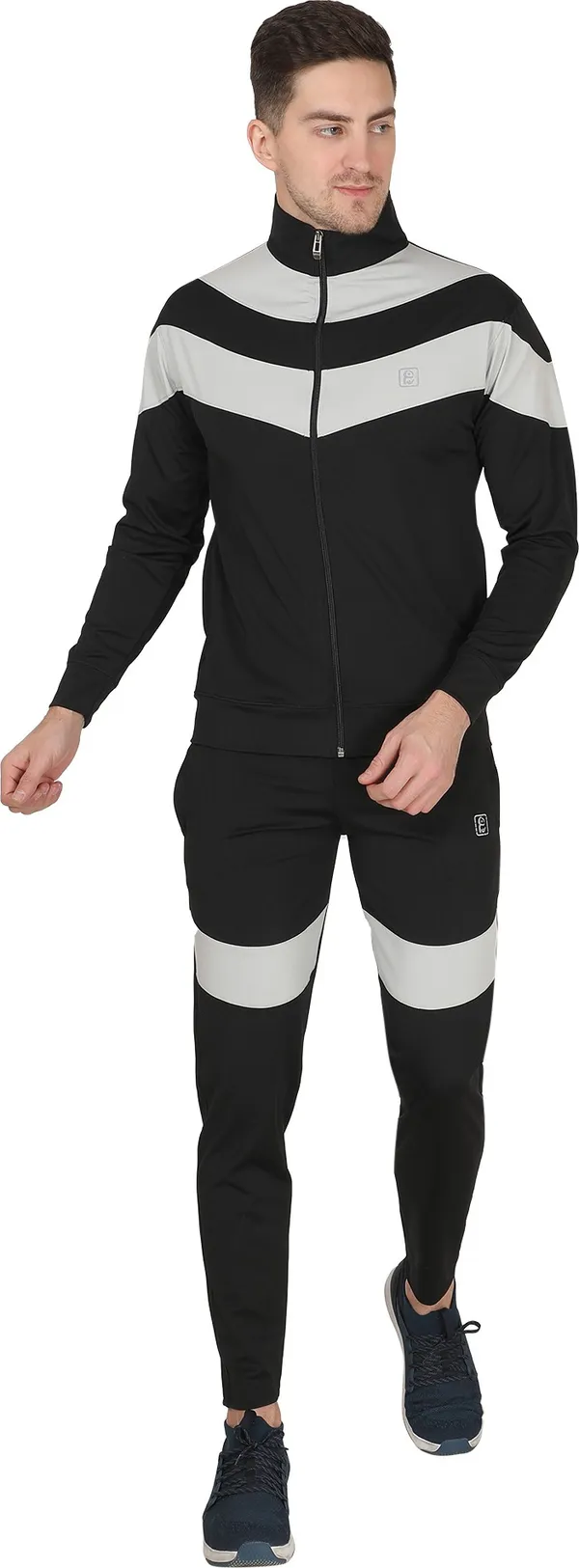 Black Polyester Blend Grey Stripe Track suit for Men (Size-M)